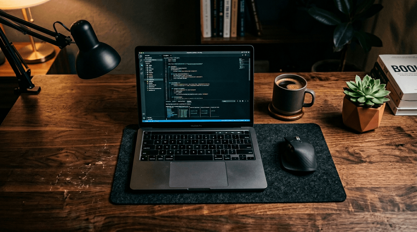 Modern desk workspace with warm ambient lighting